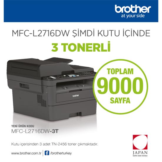 Brother MFC-L2716DW-3T Çok Fonks. Faxlı Mono Laser Printer (Dublex,Wi-Fi) 3Toner
