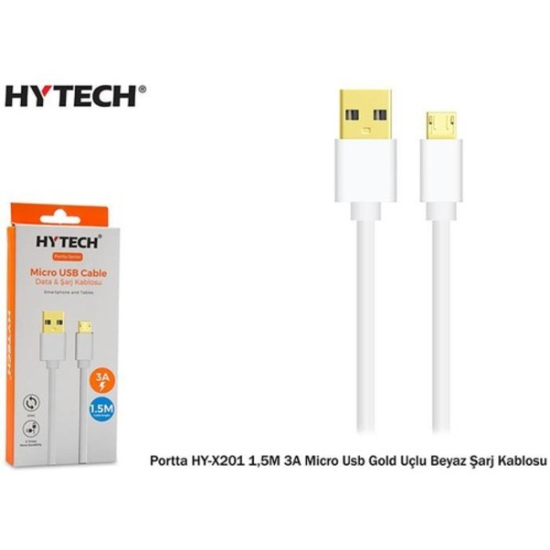 Hytech Hy-X201 1.5M 3A Micro Usb Gold Uçlu Beyaz Şarj Kablo