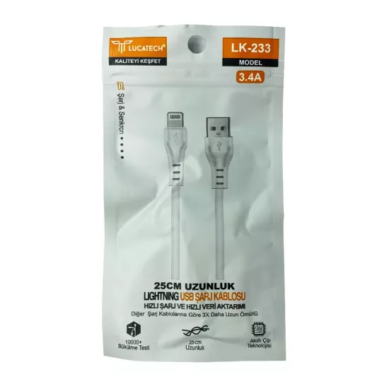 Lucatech LK-233 3.4 Amper 25cm İphone Şarj Kablosu | Poşetli