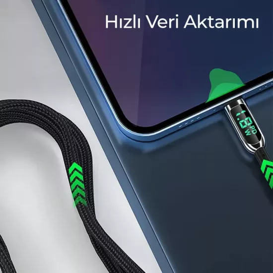 Woyax by Deji Dijital Göstergeli 1.2M PD 100W Type-C to Type-C Örgülü Hızlı Şarj ve Data Kablosu – Siyah