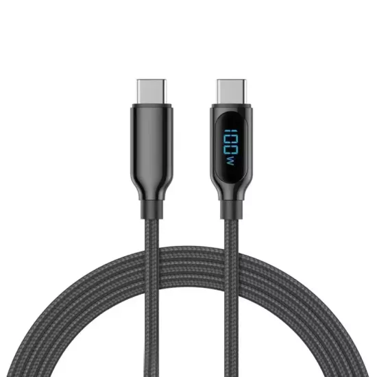Woyax by Deji Dijital Göstergeli 1.2M PD 100W Type-C to Type-C Örgülü Hızlı Şarj ve Data Kablosu – Siyah