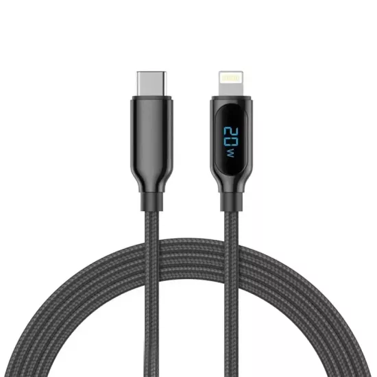 Woyax by Deji Dijital Göstergeli 1.2M PD 20W Type-C to Lightning Örgülü Hızlı Şarj ve Data Kablosu – Siyah