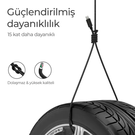 Woyax by Deji PD Type-C to Type-C 3A Şarj ve Data Kablosu Örgülü Siyah 1.2M – Siyah